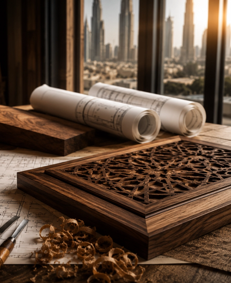 Custom woodwork blueprint and craftsman tools